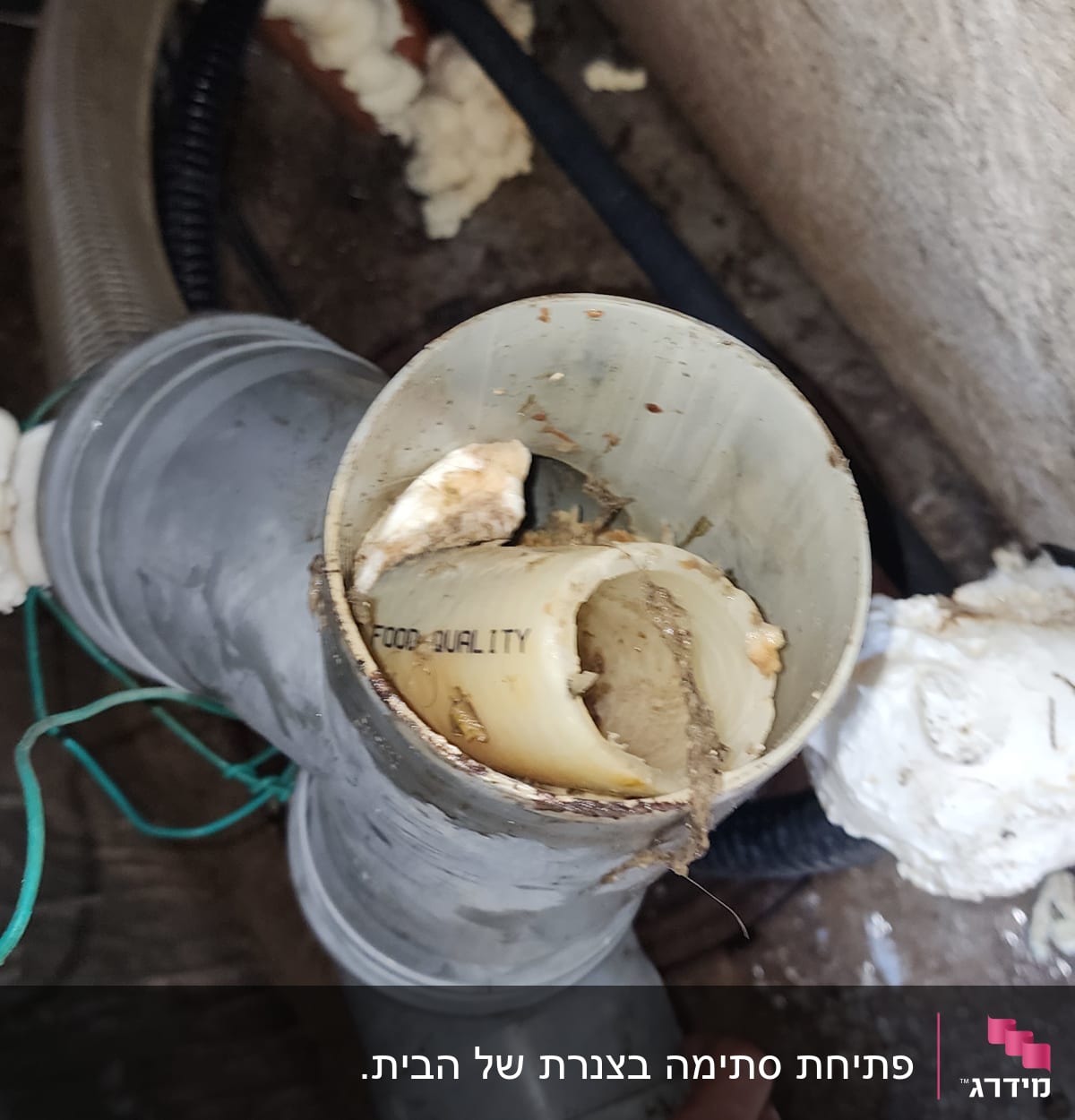 צינור פלסטיק עם לכלוך, יד מחזיקה בצינור